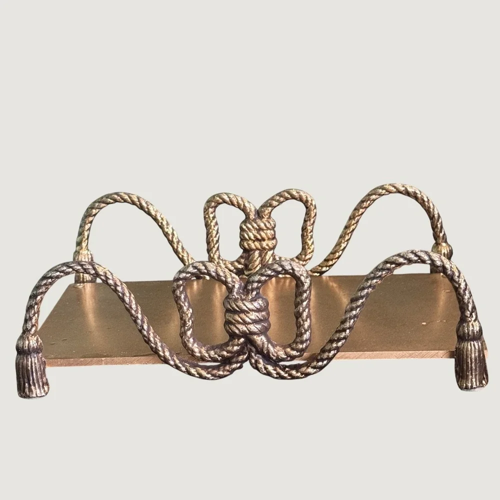 Vintage Gold Rope and Tassel Metal Vanity Tray Bow Riser Decorative Organizer